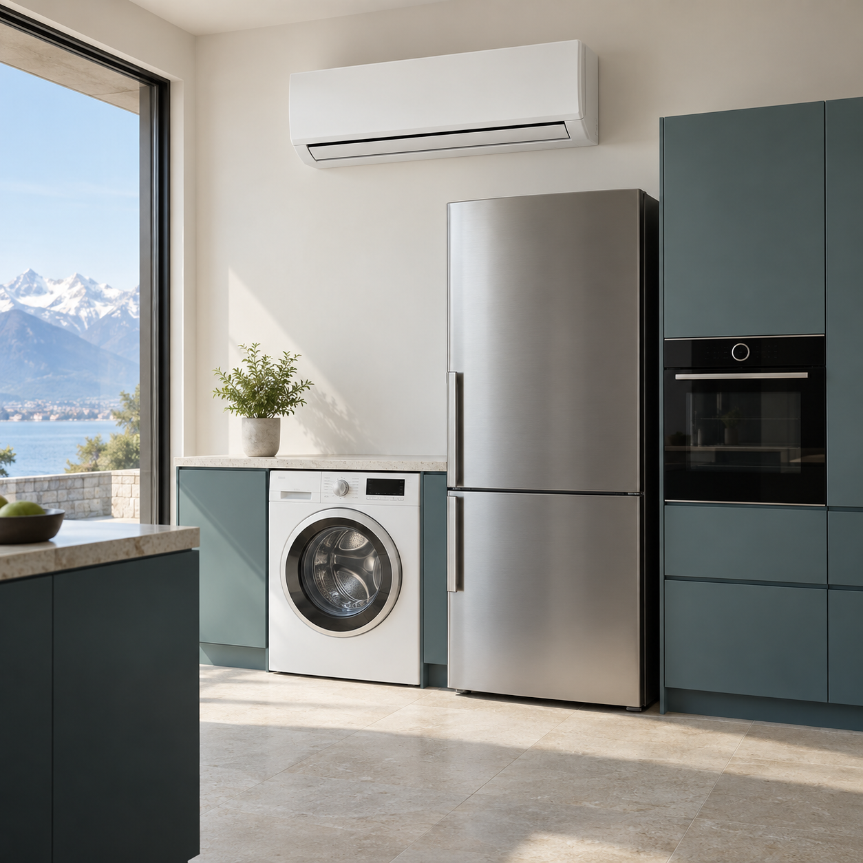 Illustrative Darstellung einer Klimaanlage mit Waschmaschine, Kühlschrank und Backofen in einem modernen Innenraum